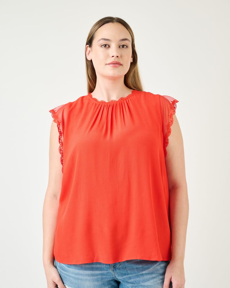 Front of a model wearing a size 3X Lucille Sleeveless Top with Embroidered Lace in Hot Tomato by Daniel Rainn. | dia_product_style_image_id:271968